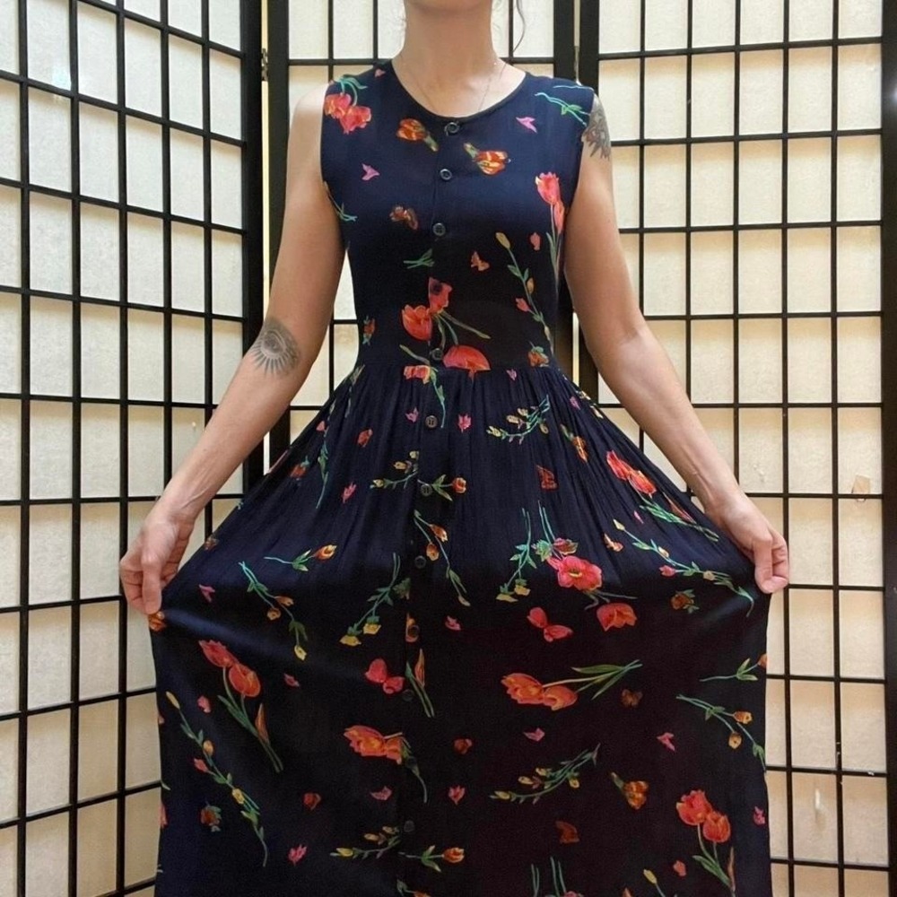Navy Blue Maxi Floral Button Down Dress 24 Karat VTG y2k One Size - Picture 3 of 7